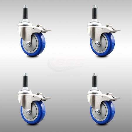 Service Caster 4 Inch 316SS Blue Poly Swivel 3/4 Inch Expanding Stem Caster Set Lock Brake SCC-SS316TTLEX20S414-PPUB-BLUE-34-4